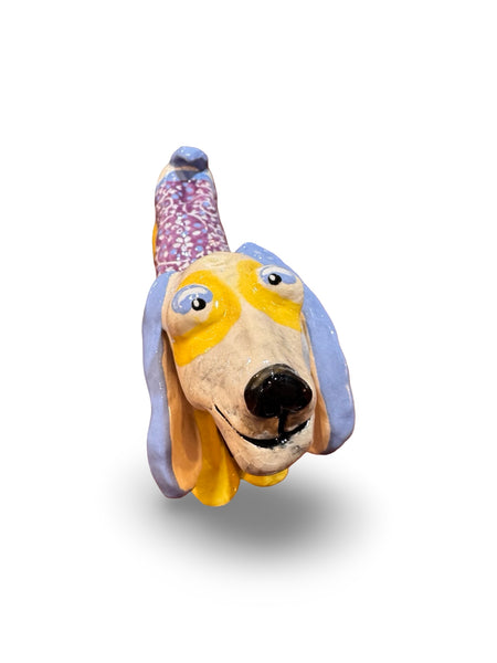 Yellow Purple Dachshund- animal sculpture by Bronwyn Lewis