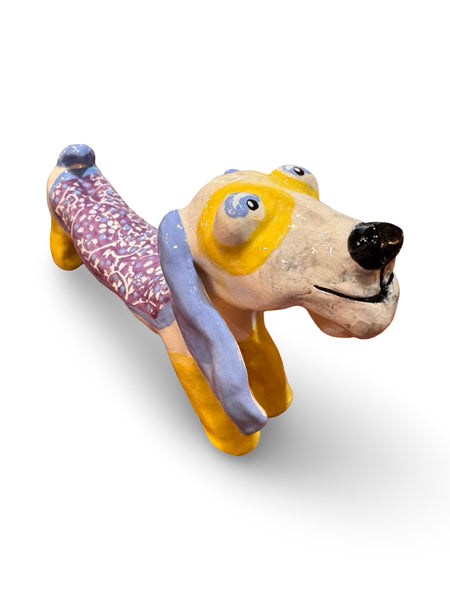 Yellow Purple Dachshund- animal sculpture by Bronwyn Lewis