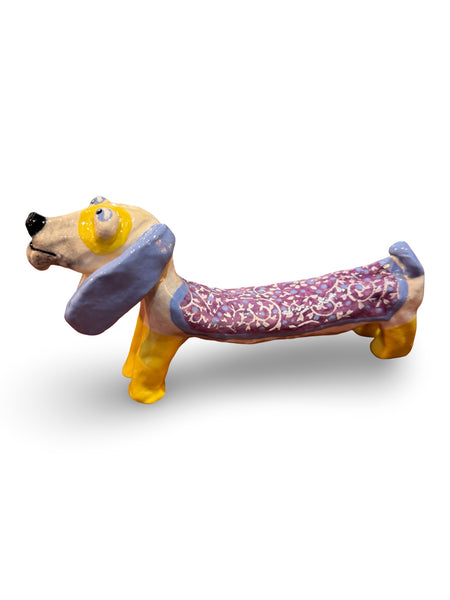 Yellow Purple Dachshund- animal sculpture by Bronwyn Lewis