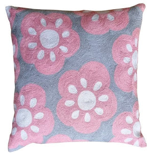 Grey with Pink Daisy Cushion Cover  By Eliza Piro